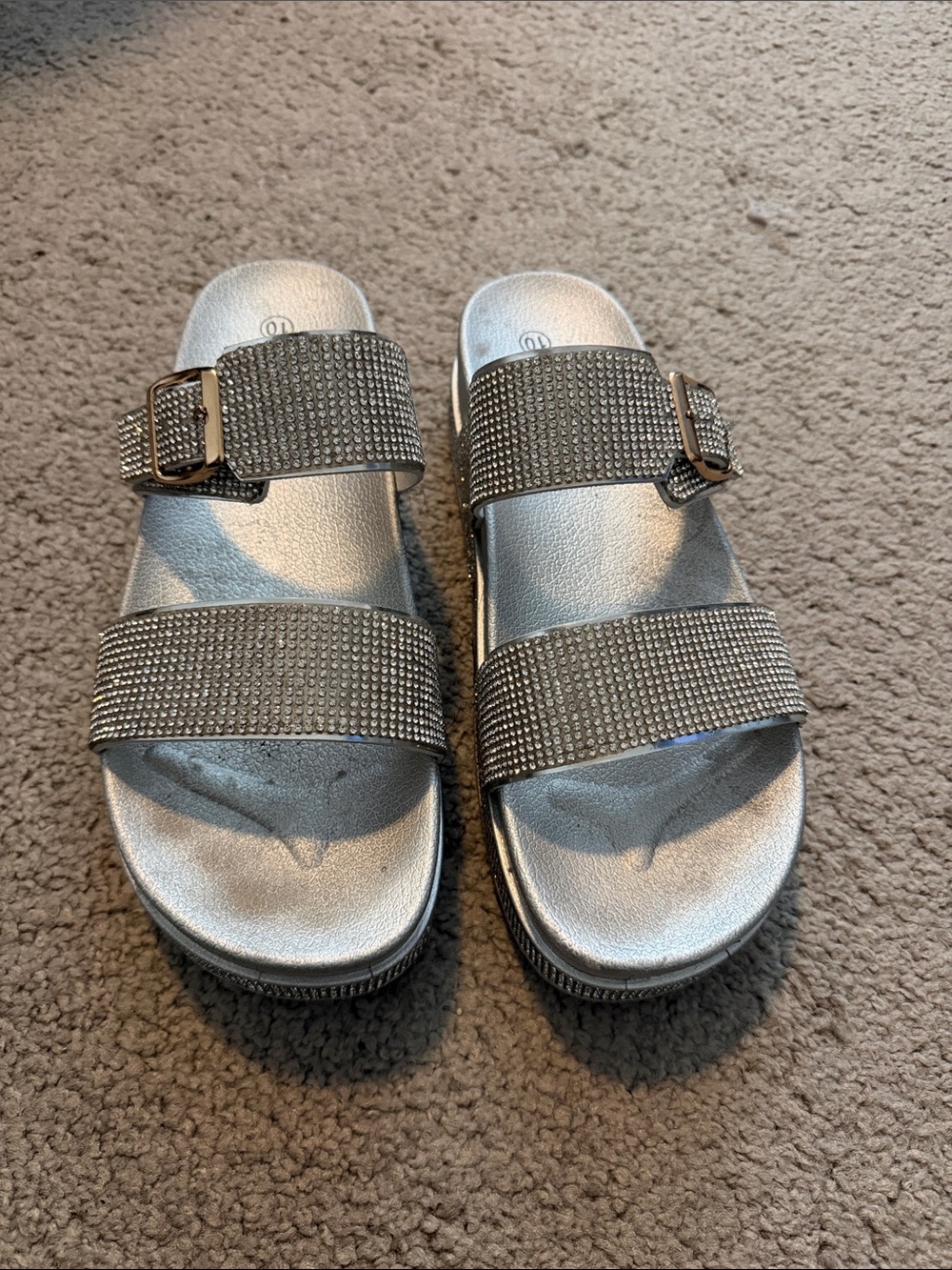 Embellished Silver Slide Sandals with Buckle Accent